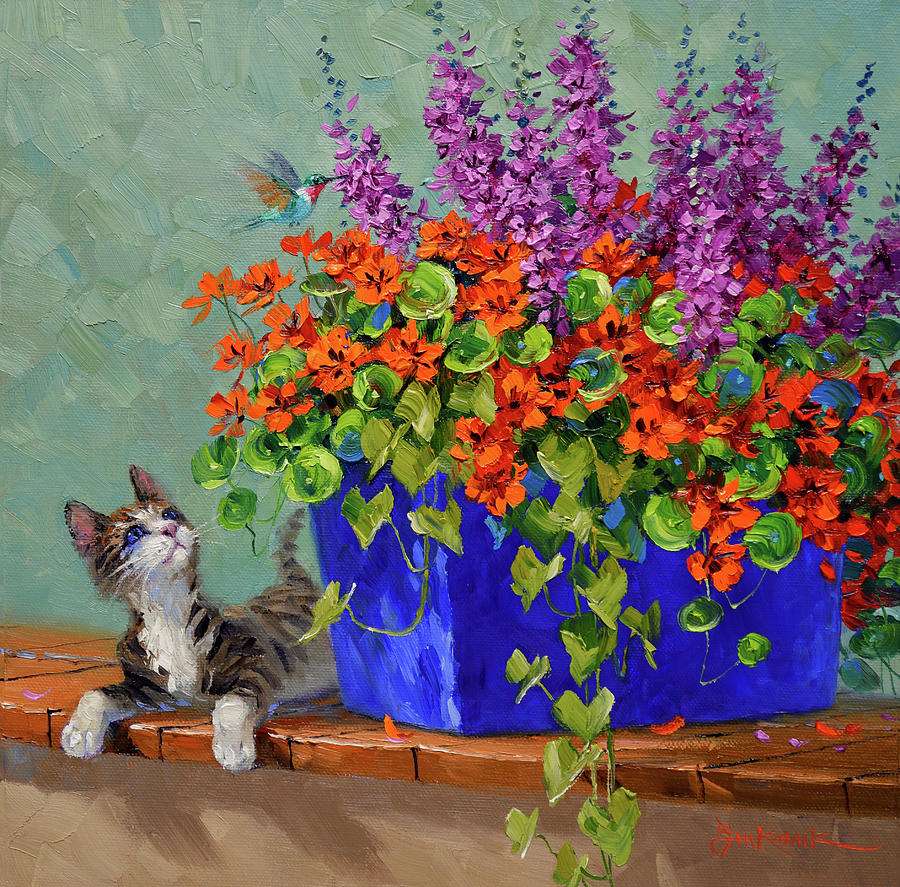 Schilderij bloembak met jonge kat legpuzzel online