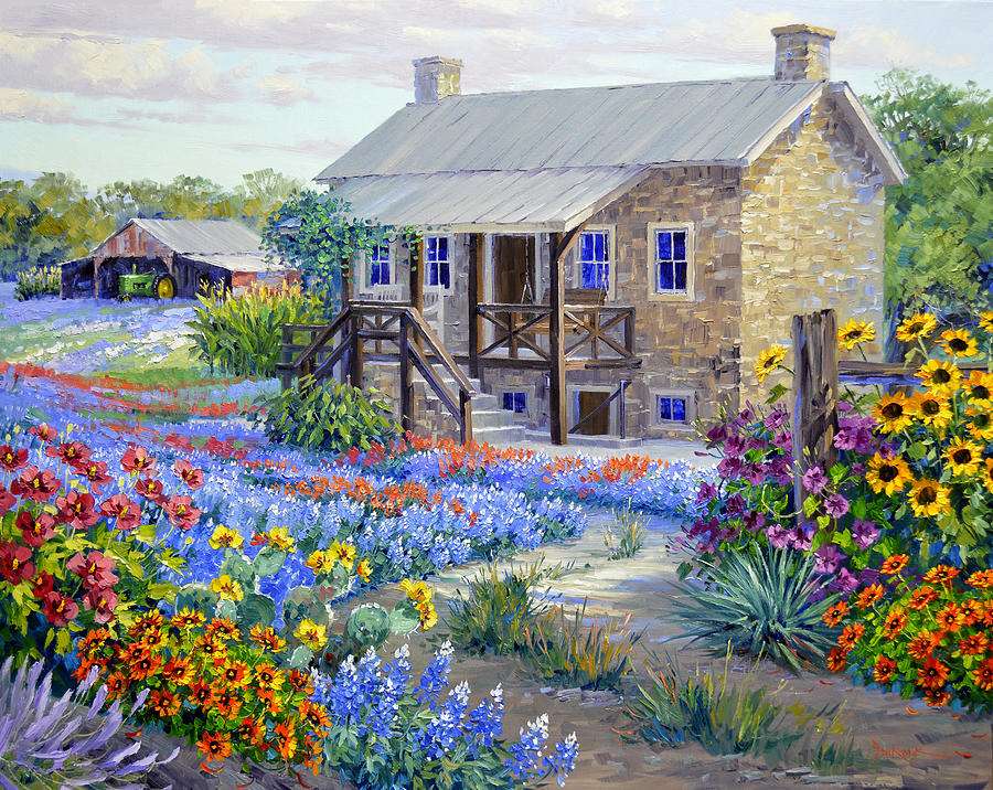 Ζωγραφική σπιτιού με χωράφια με λουλούδια παζλ online