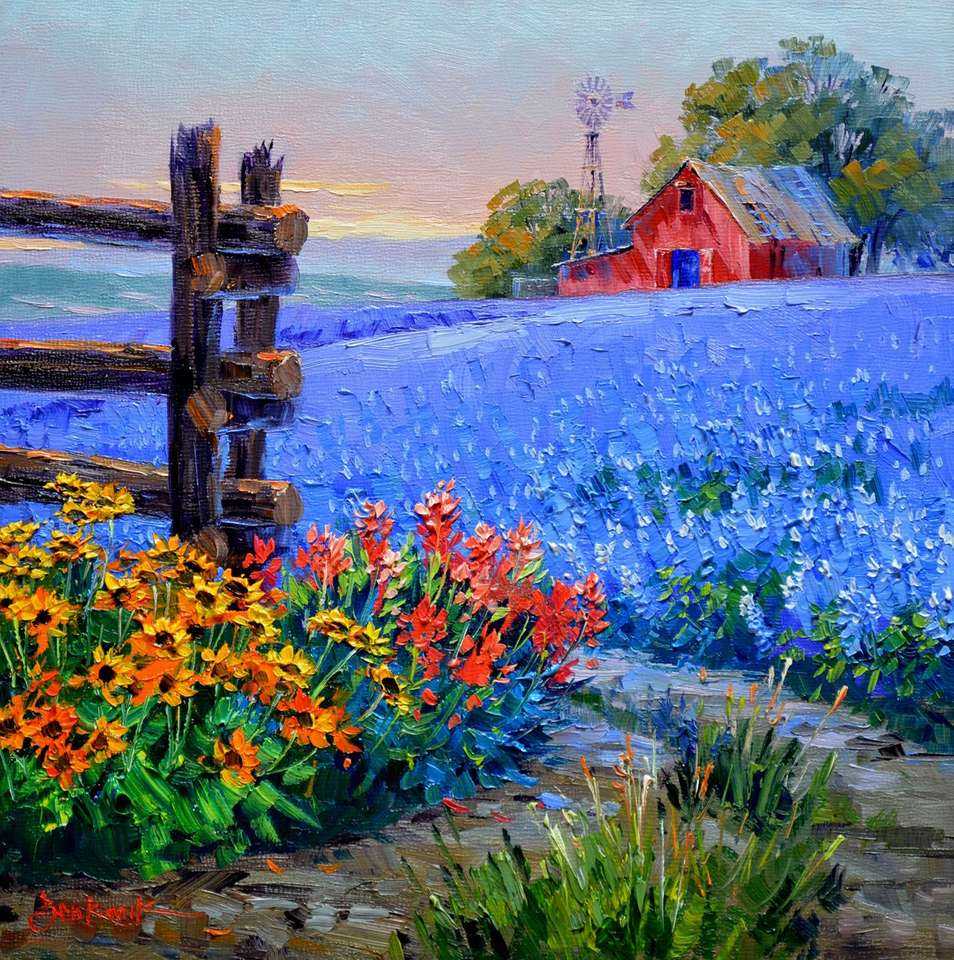 Peinture maison avec champs de fleurs puzzle en ligne