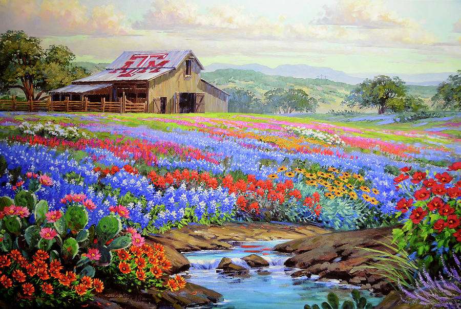Casa de pictură cu câmpuri de flori jigsaw puzzle online
