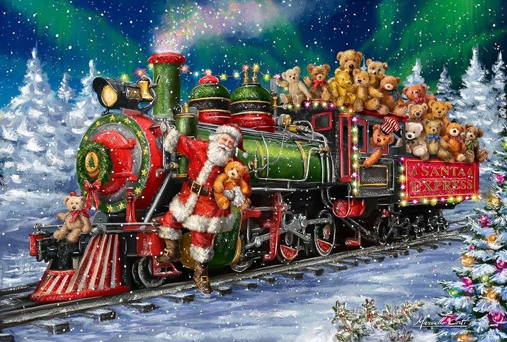 Papai Noel está carregando presentes - ursinhos de pelúcia puzzle online