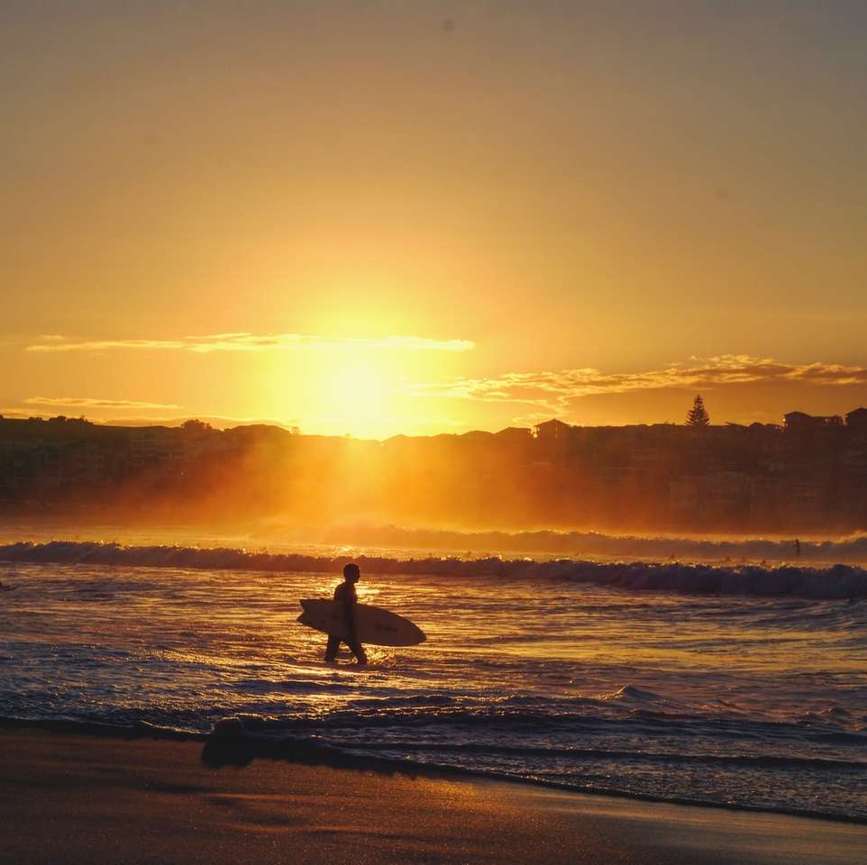silhueta do homem em pé na praia durante o pôr do sol quebra-cabeças online