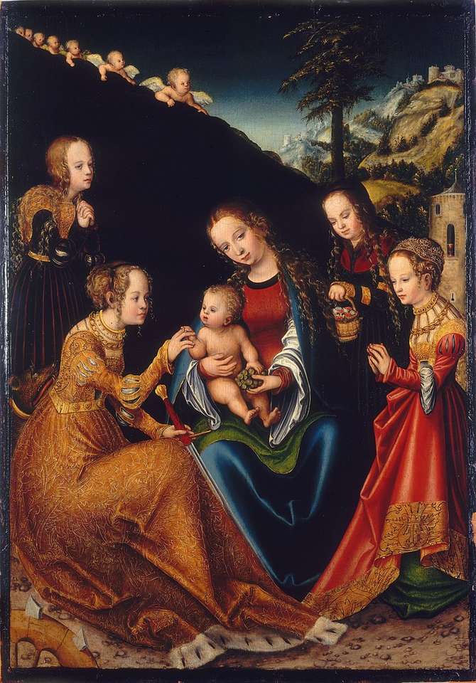 Ο μυστικιστικός γάμος του Αγίου Catherine (ζωγραφική του Lucas Cr παζλ online