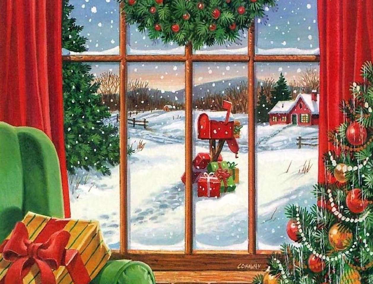 Schnee und Weihnachtsgeschenke außerhalb des Fensters Online-Puzzle