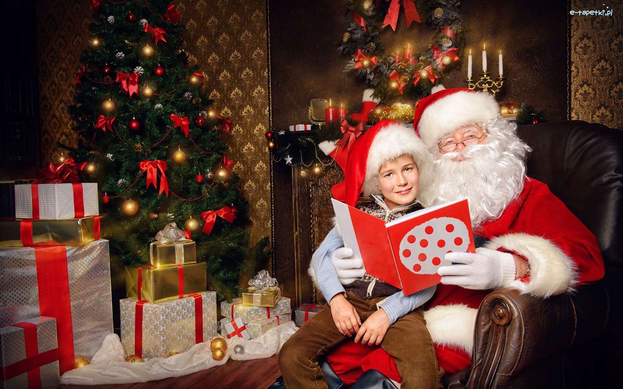 Santa čte, vánoční stromeček, dárky skládačky online