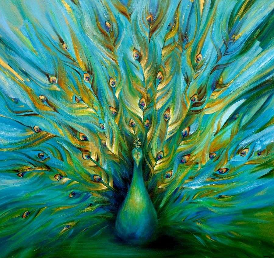 Pintura de pavão verde esmeralda turquesa dourado puzzle online