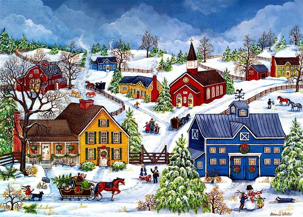 Ζωγραφική Χριστουγέννων στο χειμερινό τοπίο online παζλ