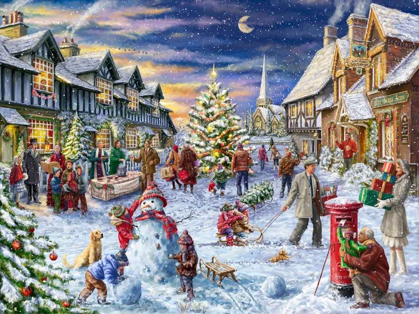 Ζωγραφική Χριστουγέννων στο χειμερινό τοπίο παζλ online