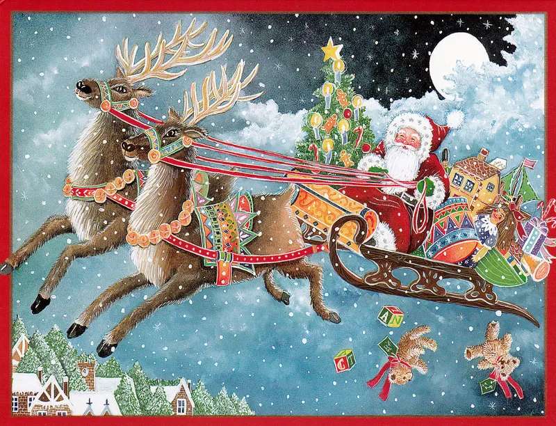 Рисуване на Дядо Коледа с елени онлайн пъзел