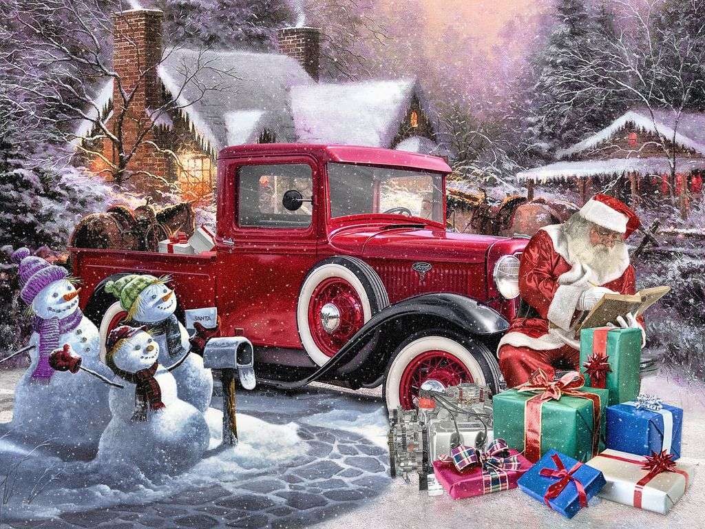 Weihnachtsmann, rote Autos und Schneemänner Puzzlespiel online