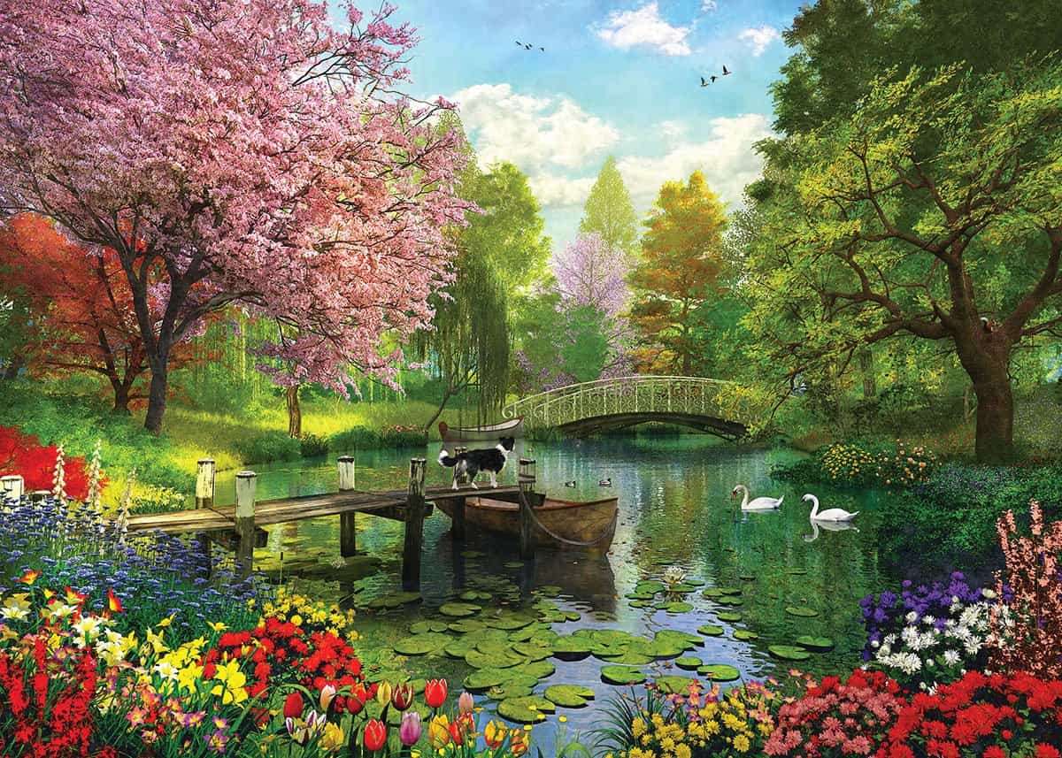 In The Park, A Pond And A Doggy On The Bridge jigsaw puzzle online