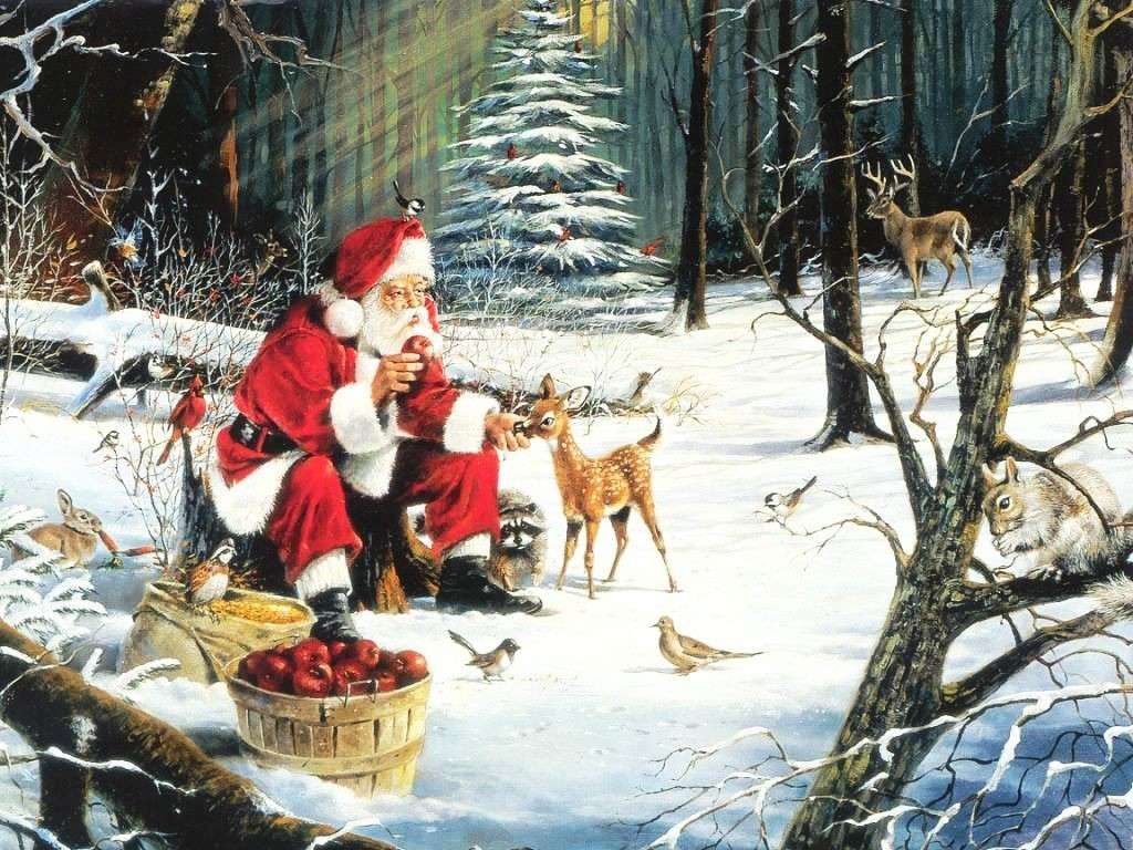 "Kerstman met de bosdieren" online puzzel