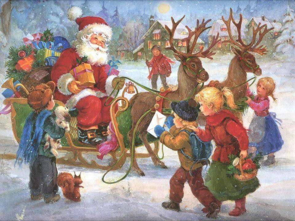 "Jultomten ger presenter till barn" Pussel online