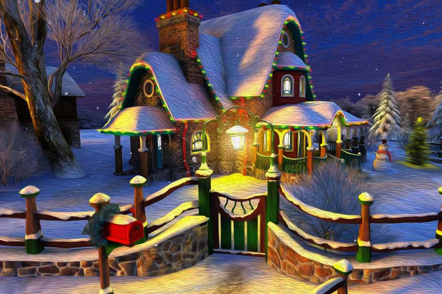 Maison lumineuse et bonhomme de neige puzzle