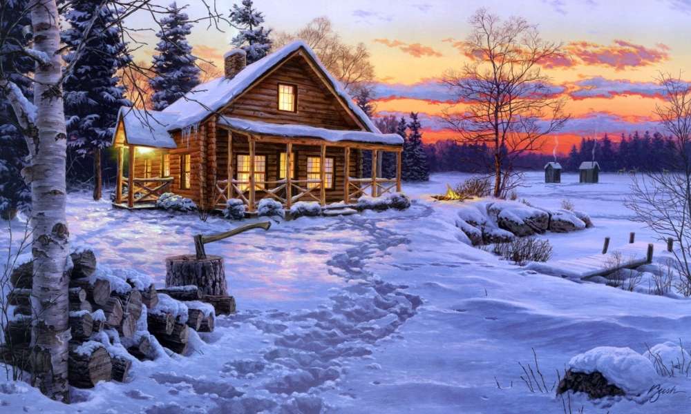 Met sneeuw bedekte cottage en vijver online puzzel