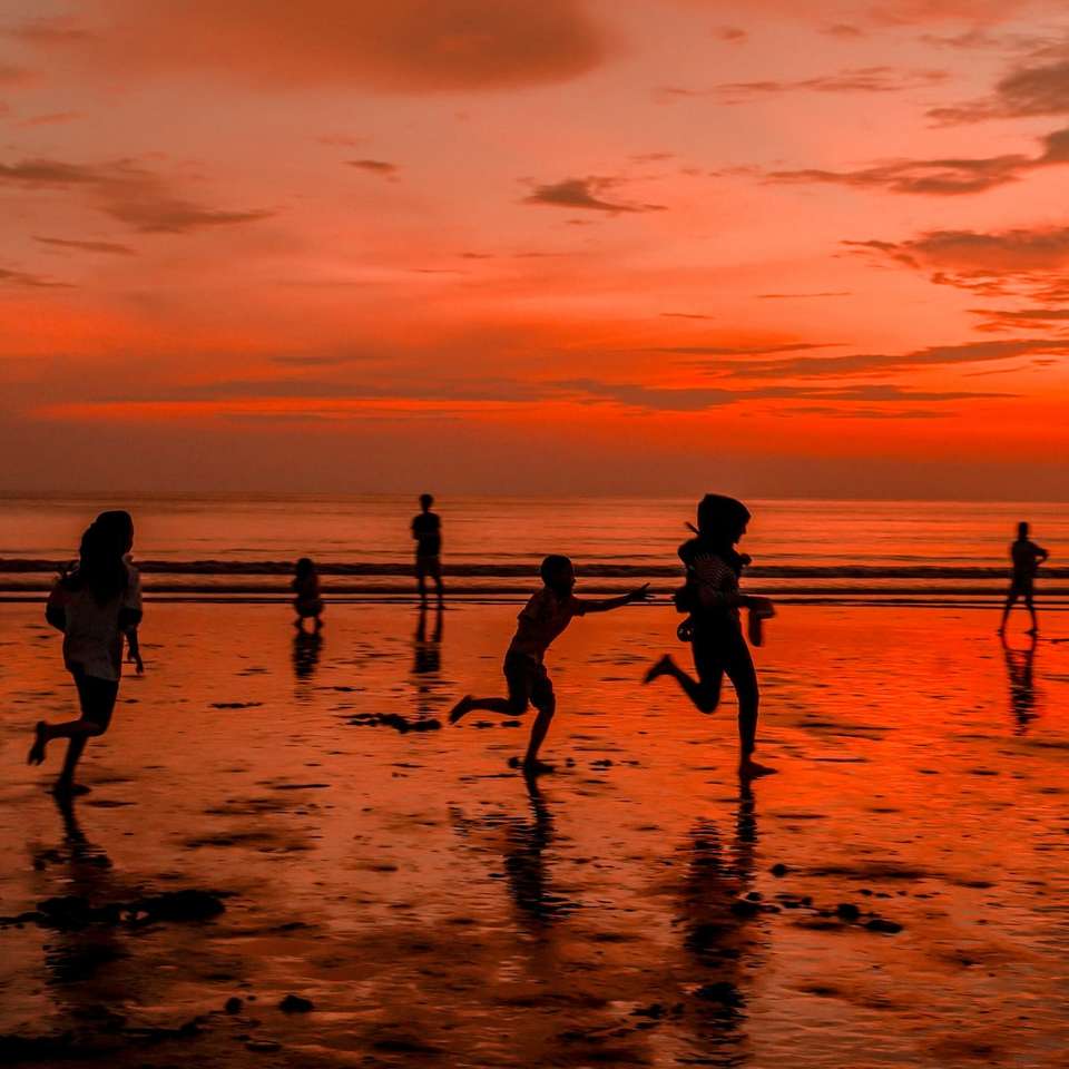sziluettje az emberek a tengerparton naplemente alatt kirakós online