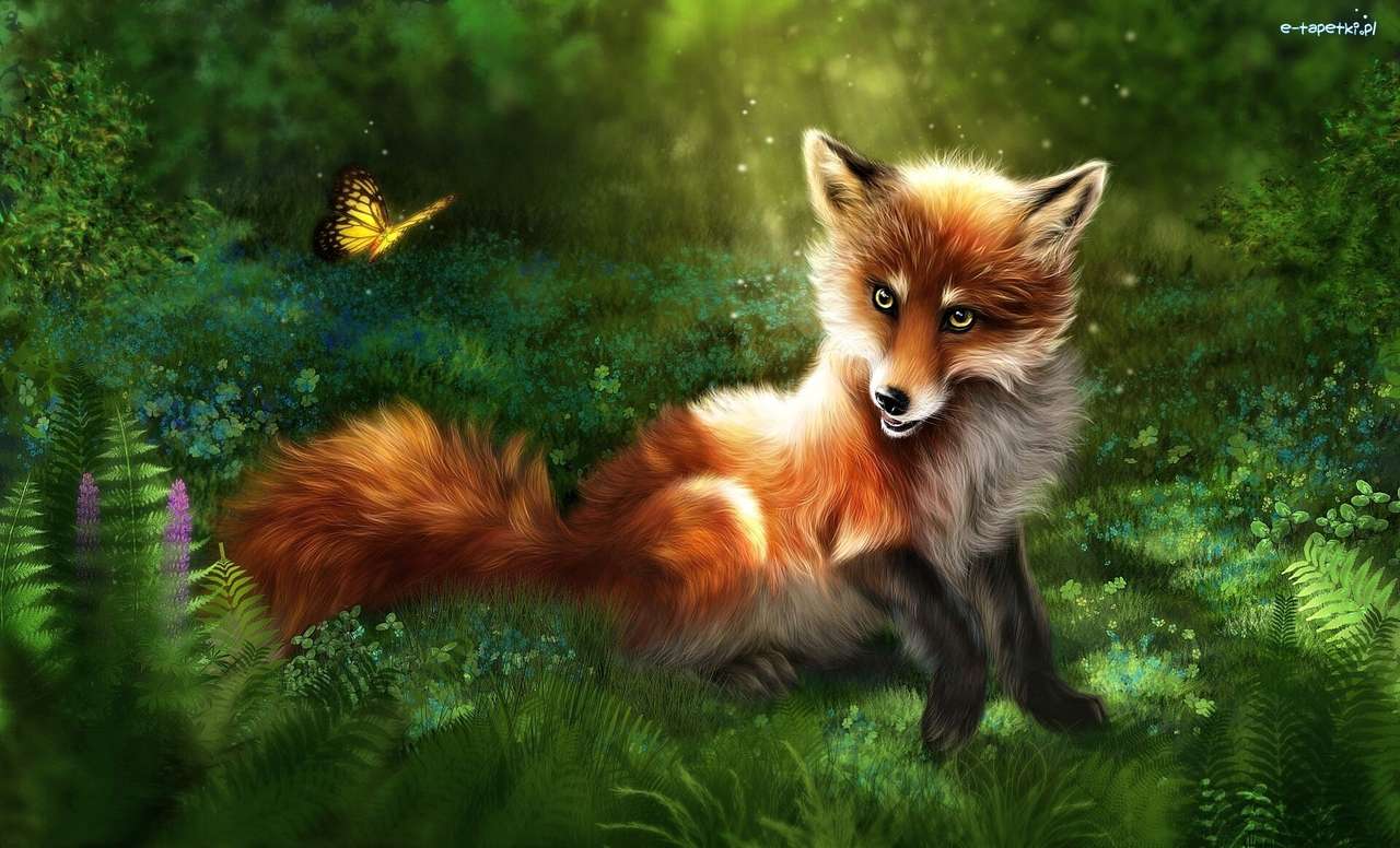 raposa e mariposas na floresta. puzzle online