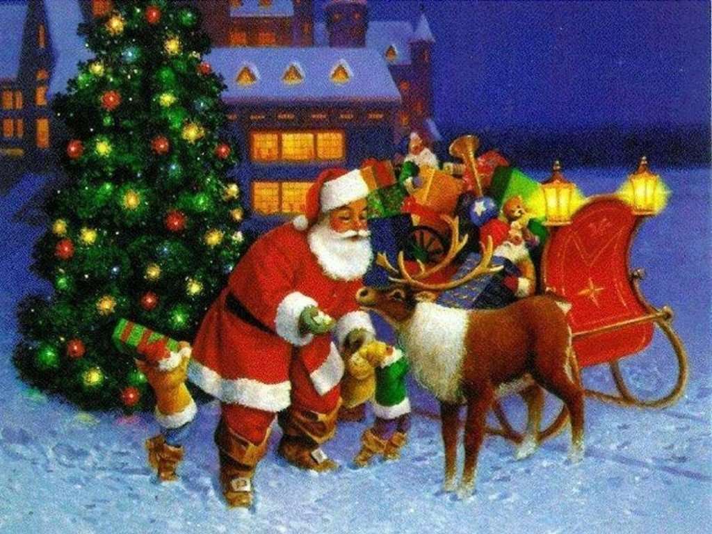 Санта с оленями и санями пазл