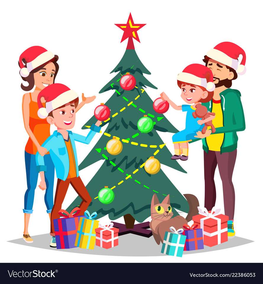 Familjen dekorerar julgranen Pussel online
