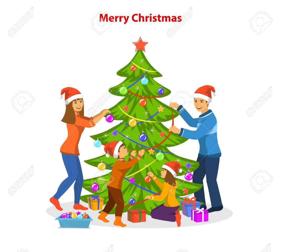 Η οικογένεια διακοσμεί το χριστουγεννιάτικο δέντρο παζλ online