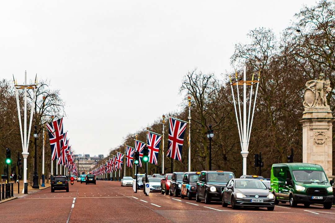 αυτοκίνητα σταθμευμένα στην άκρη του δρόμου με σημαίες στο πλάι online παζλ
