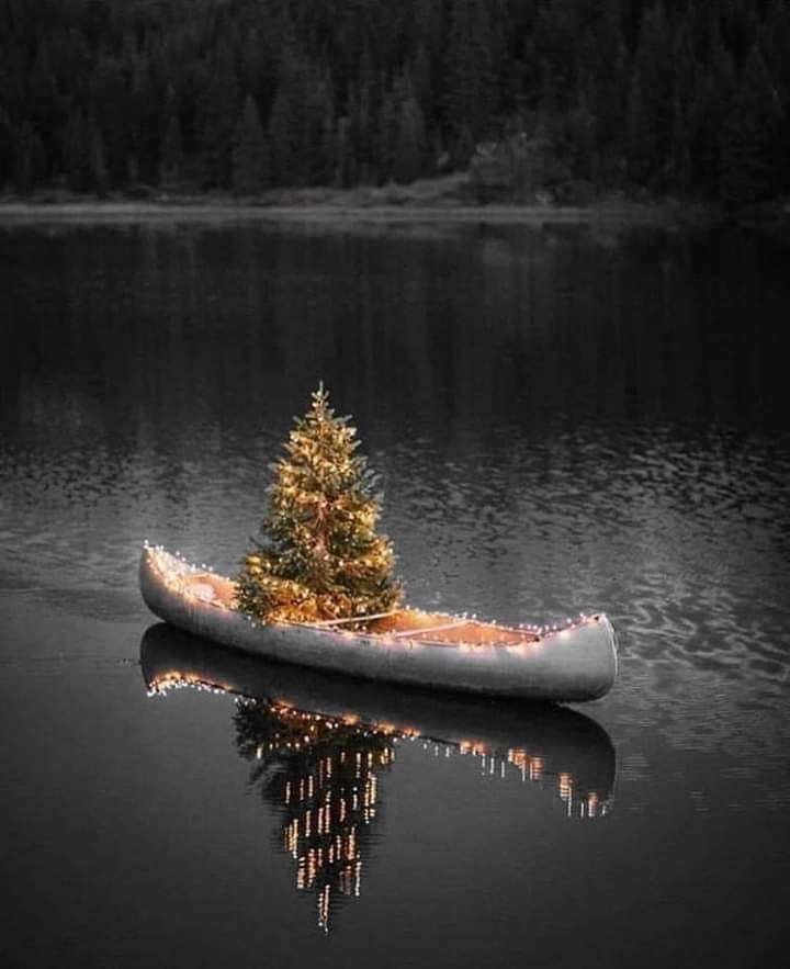 canoë avec arbre de Noël sur le lac puzzle en ligne