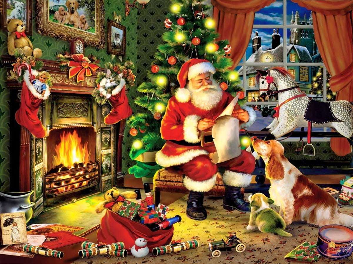 Moș Crăciun lângă șemineu puzzle online