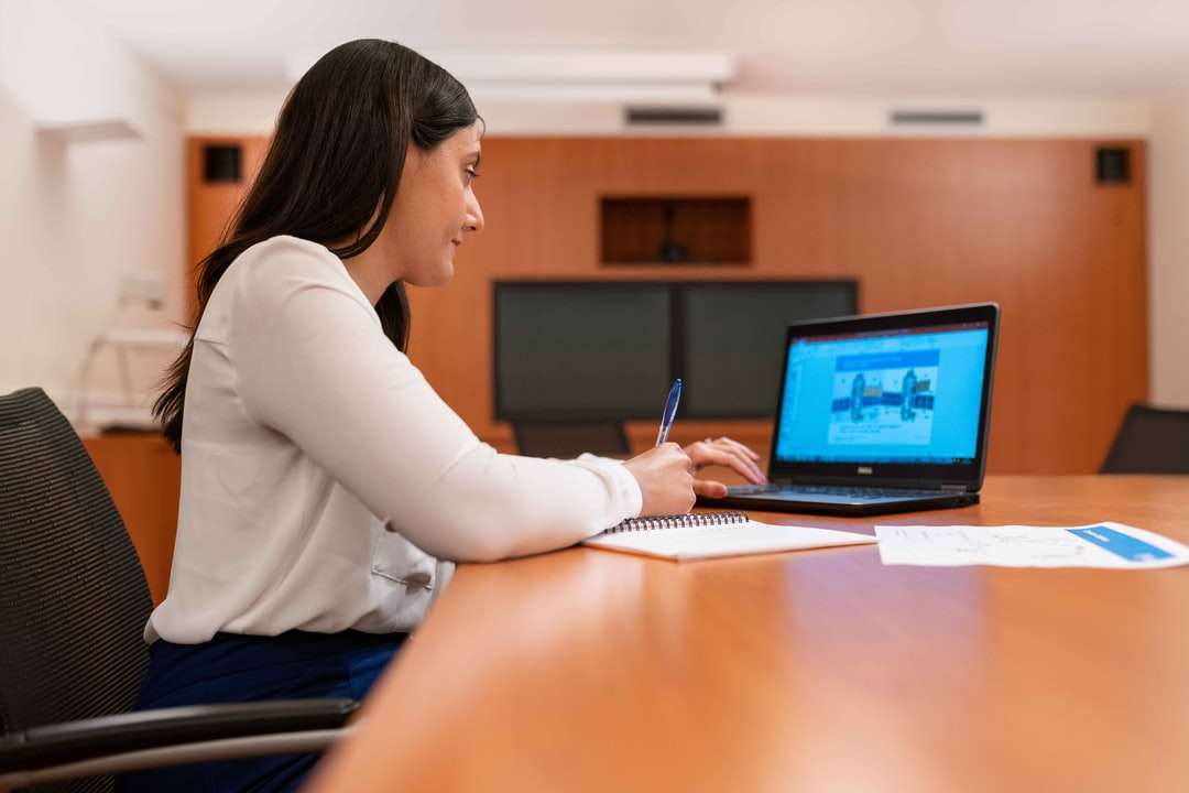 Mujer en camisa de manga larga blanca con ordenador portátil negro rompecabezas en línea