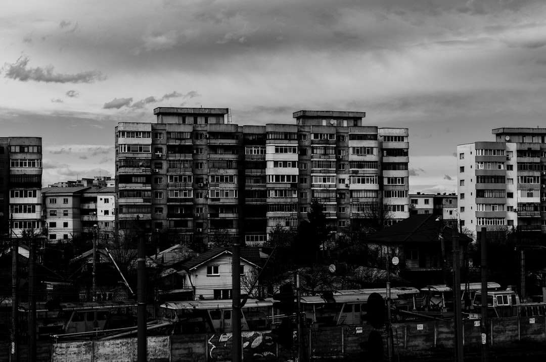 Fotografía en escala de grises de edificios. rompecabezas en línea