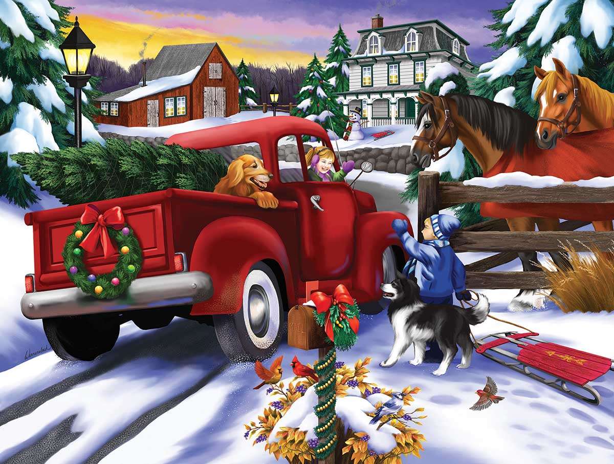 Ferienhäuser und Auto mit Weihnachtsbaum Online-Puzzle