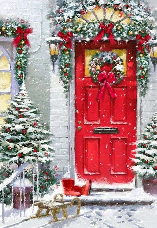 Malování vchod zdobené na Vánoce online puzzle