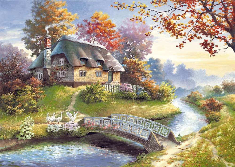 Картина дом на реке онлайн-пазл