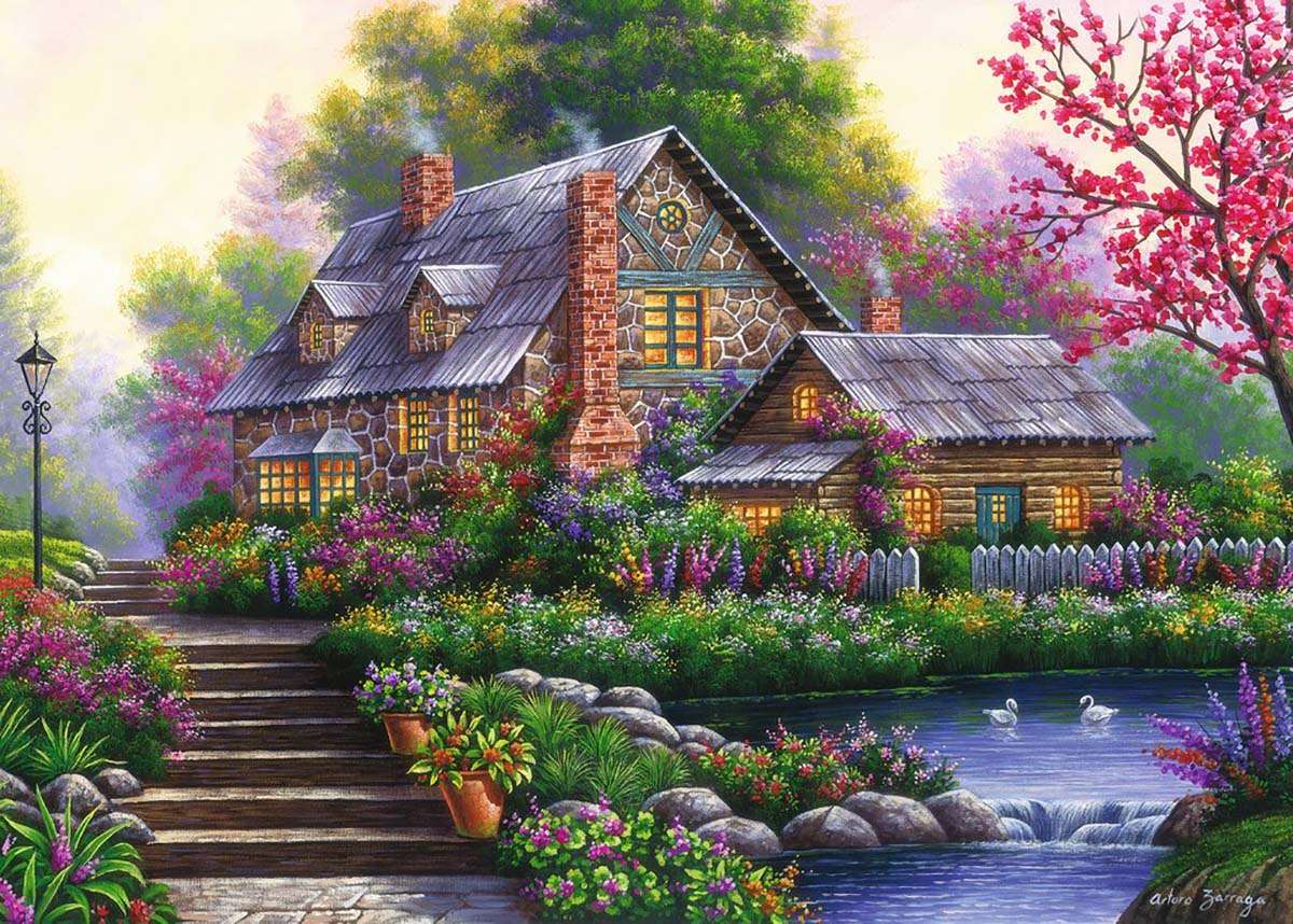 Cottage en vijver schilderen legpuzzel online