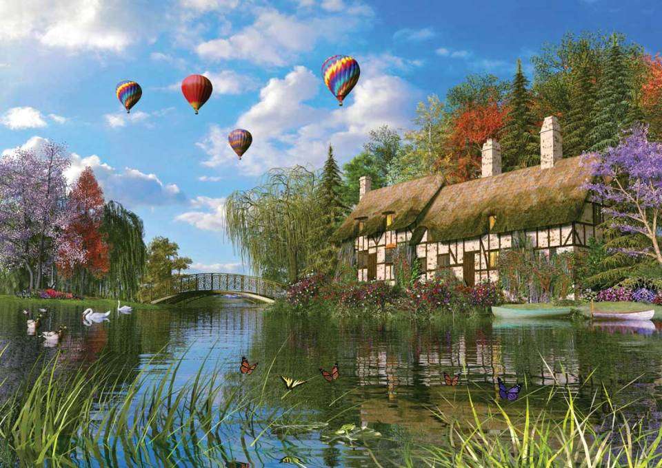 Peinture de maisons sur le lac montgolfières puzzle en ligne