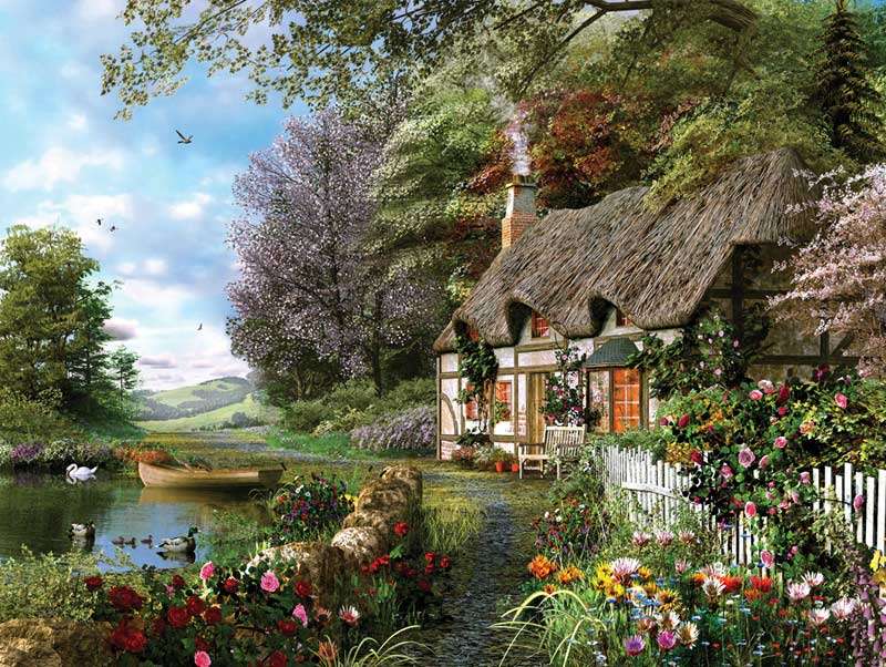Dipinto Cottage in riva al lago puzzle online