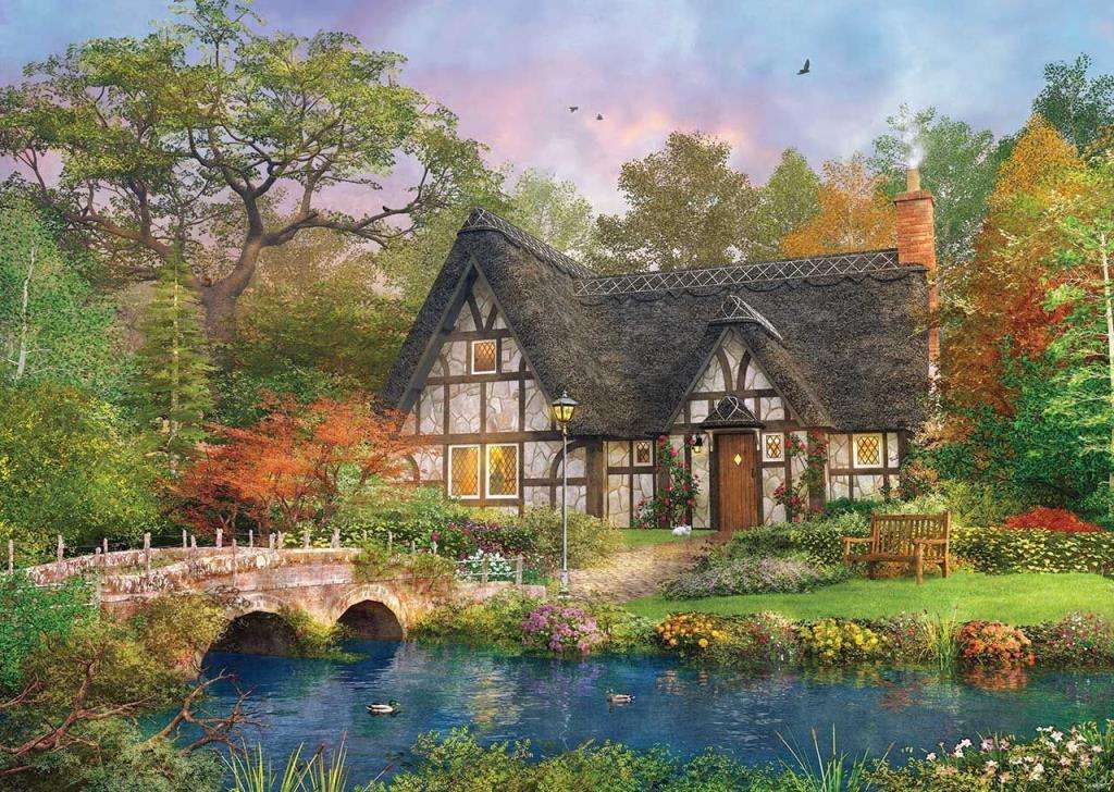 Gemälde Cottage am Waldrand und Fluss Puzzlespiel online