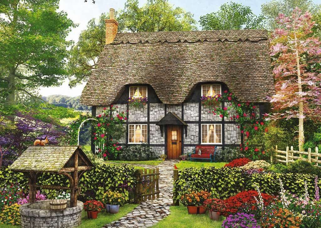 Gemälde Haus auf dem Lande mit Brunnen Online-Puzzle