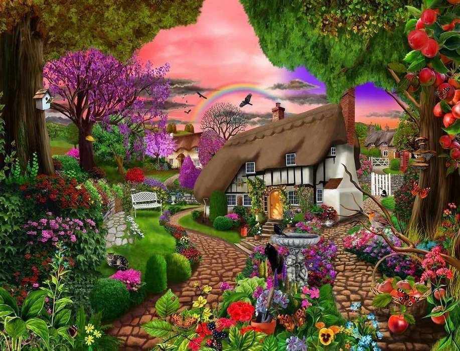 Gemälde Haus auf dem Lande mit bunter Natur Puzzlespiel online