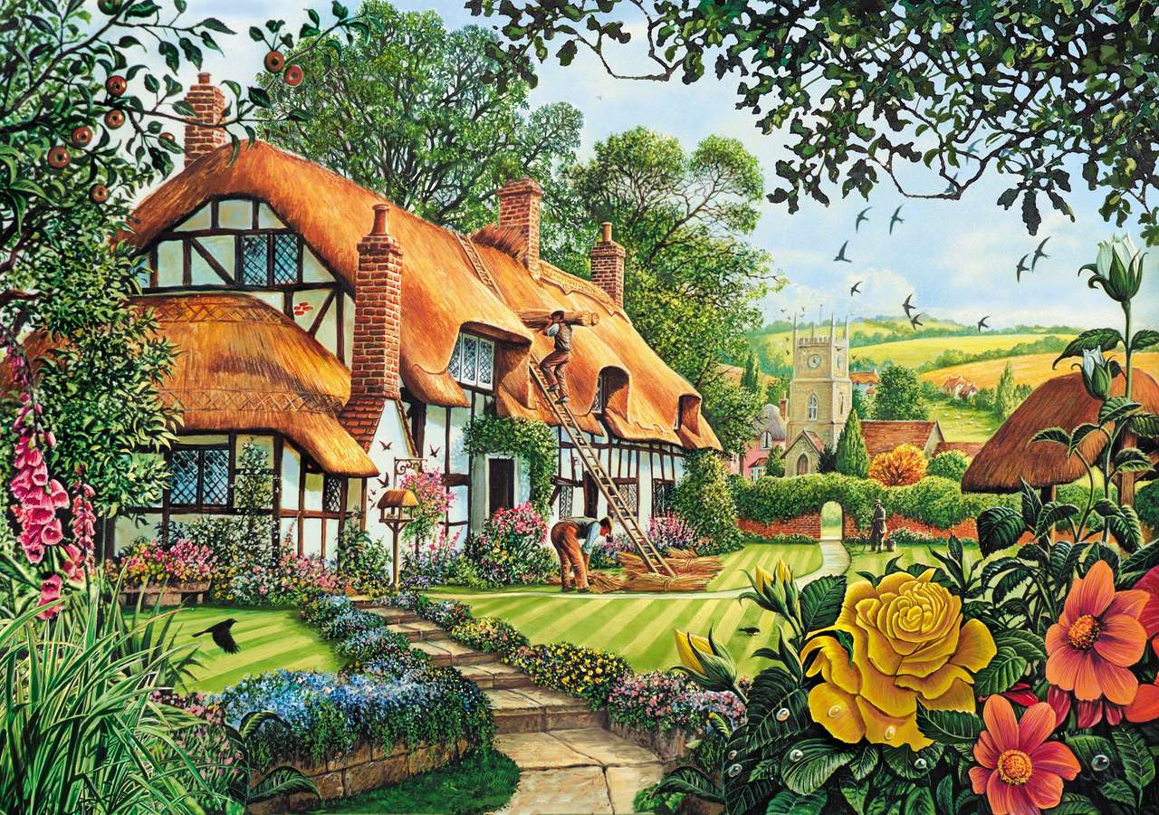 Casa di pittura con villaggio e chiesa puzzle online