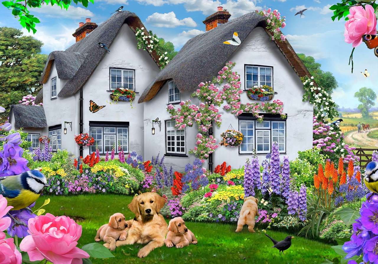 Pintura de casa geminada no campo com cães quebra-cabeças online