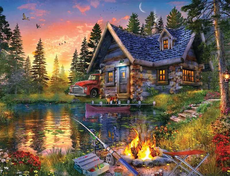 Haus im Wald in der Nähe des Sees Online-Puzzle
