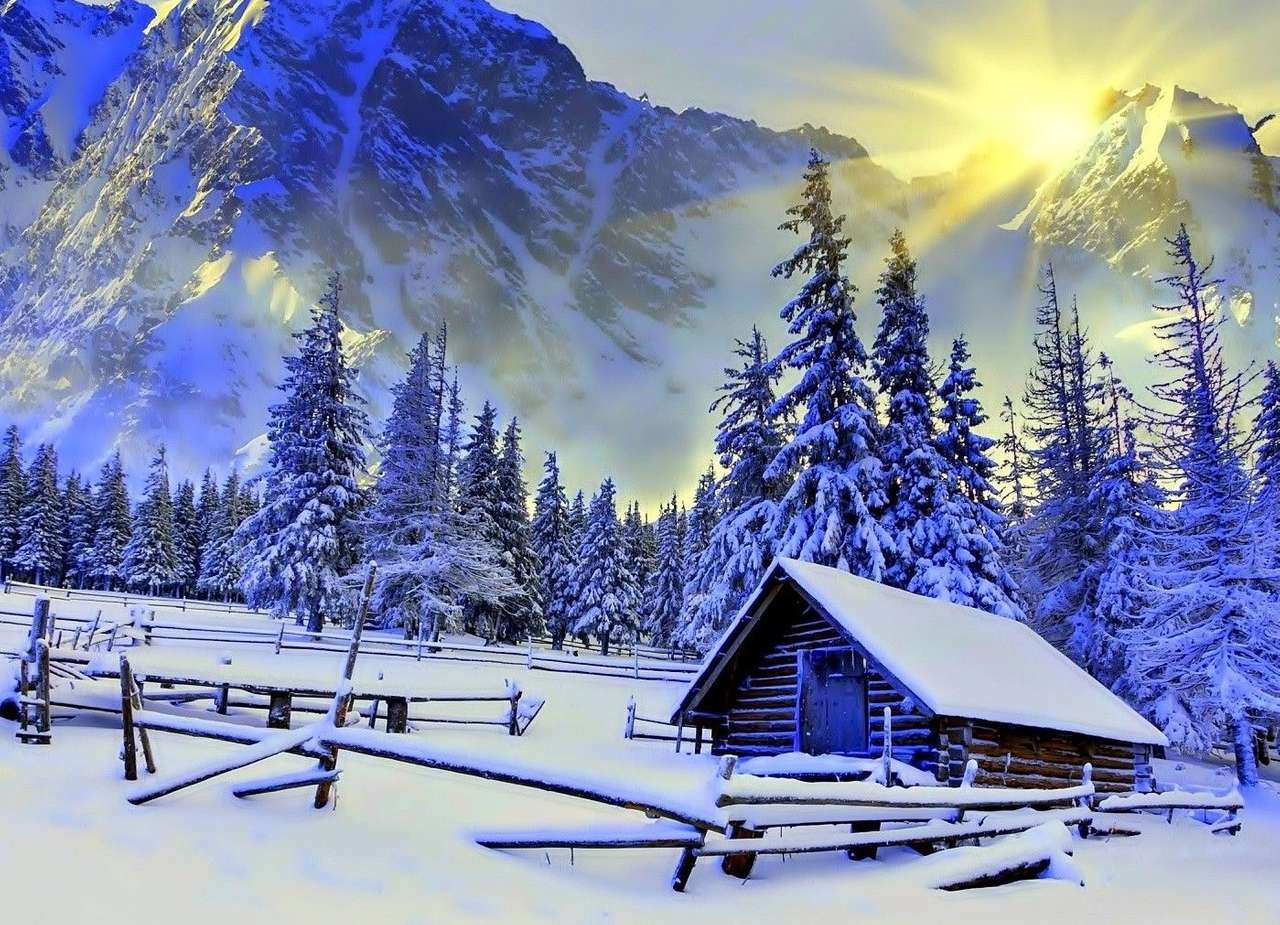山の中の冬の小屋と山 ジグソーパズルオンライン