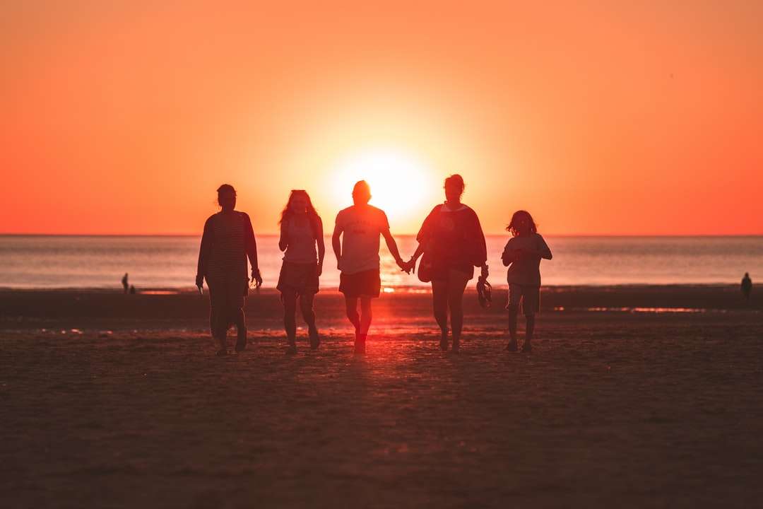 silhuettfoto av fem personer som går på stranden Pussel online