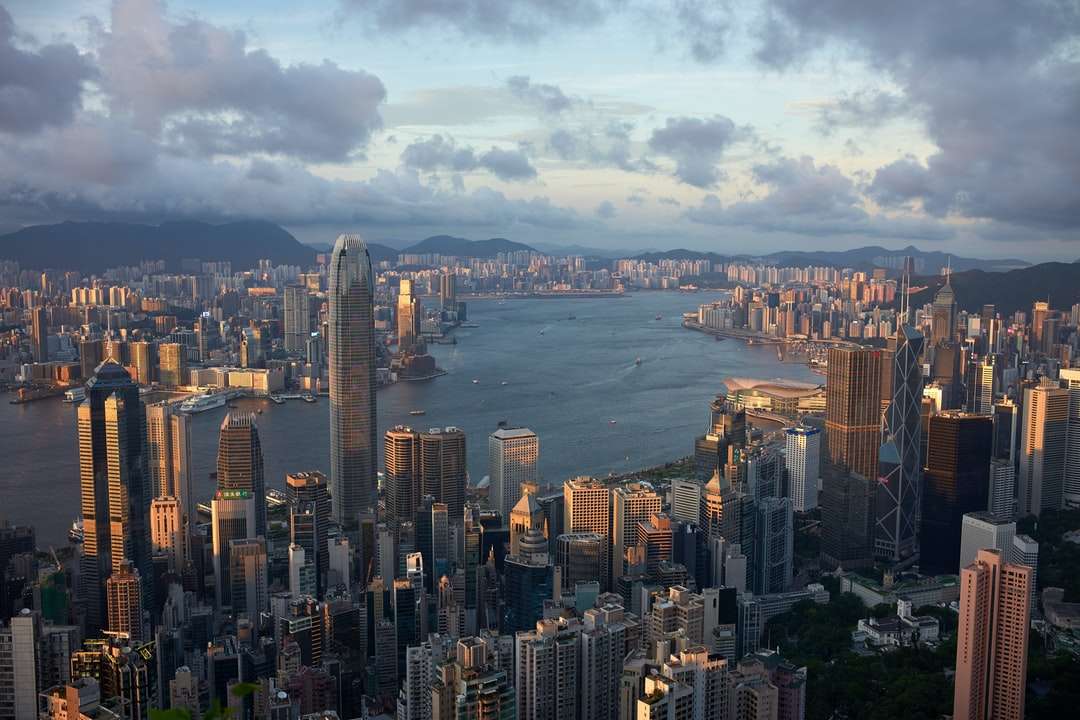 город с высотными зданиями с видом на море пазл онлайн