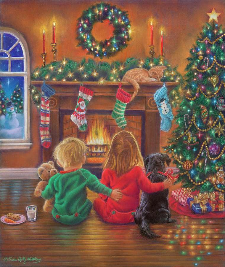 Kinder und Hündchen am Weihnachtsbaum Online-Puzzle