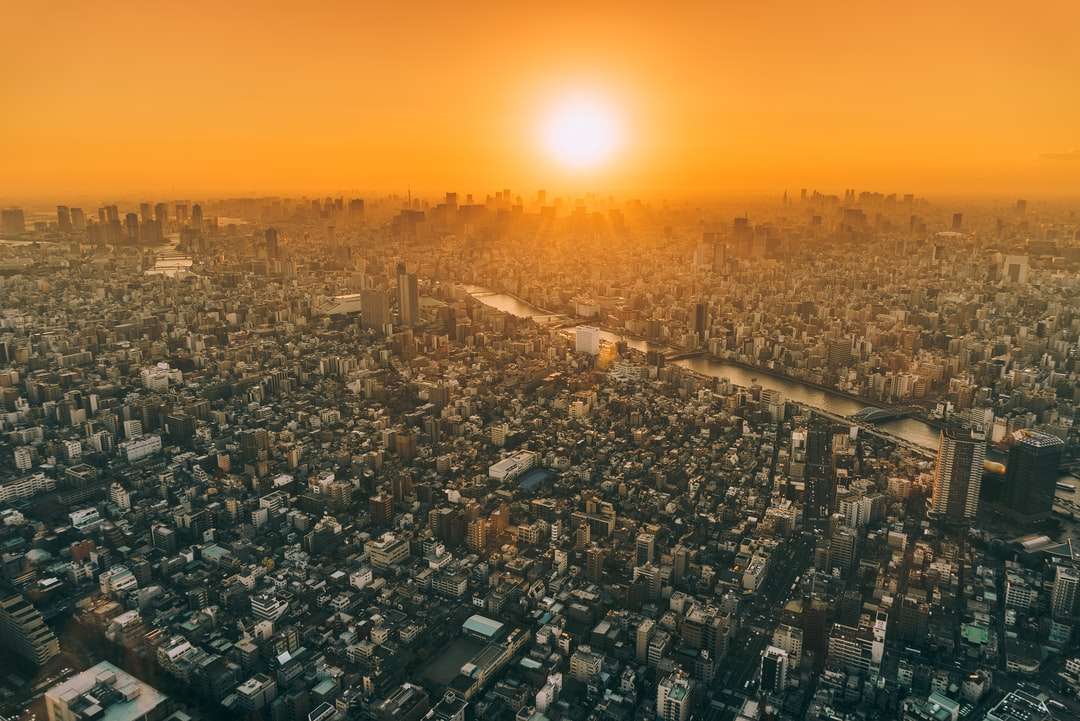Flygfoto över staden under gyllene timmen Pussel online