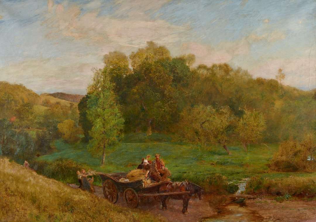 Chariot en bois brun sur champ d'herbe verte près des arbres verts puzzle en ligne