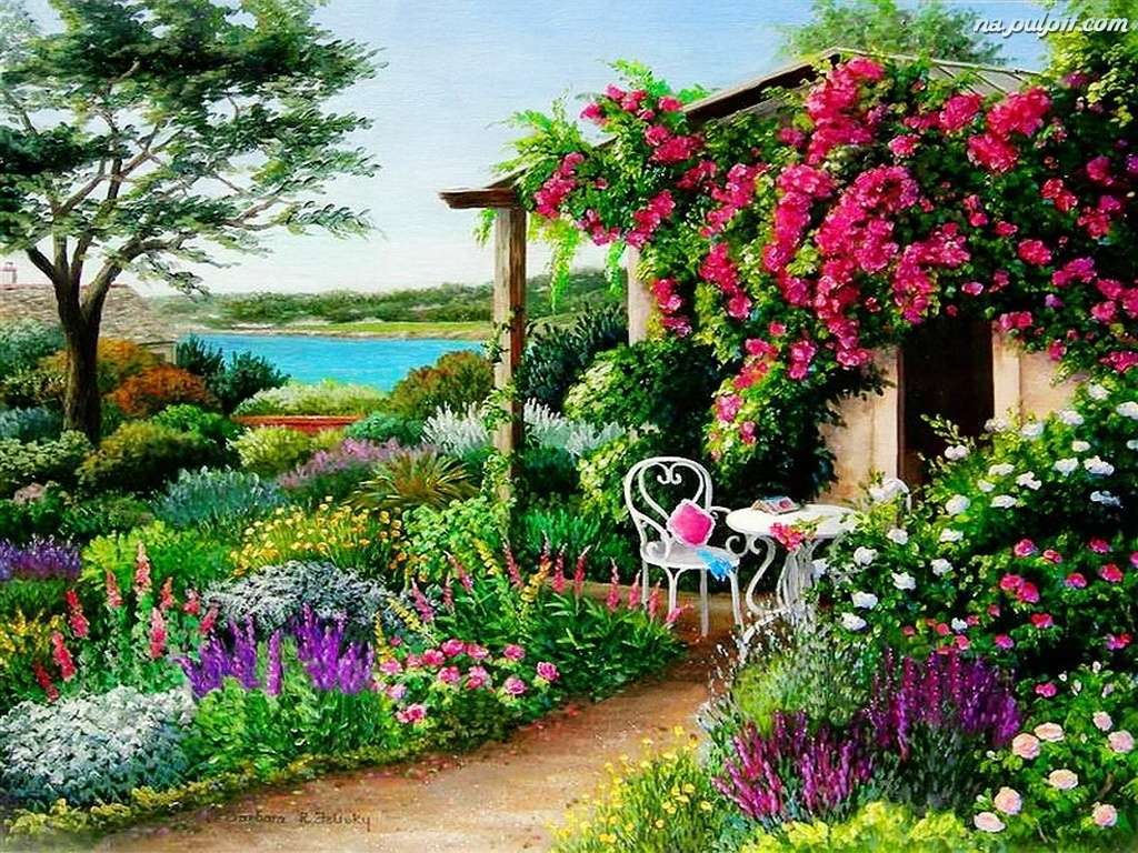 garden with gazebo full of flowers jigsaw puzzle online