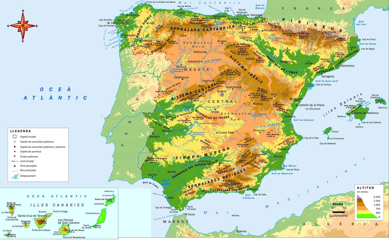 Relief karta över Spanien. pussel på nätet