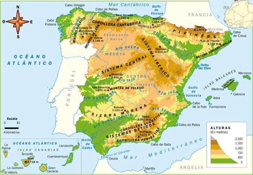 Релефна карта на Испания. онлайн пъзел